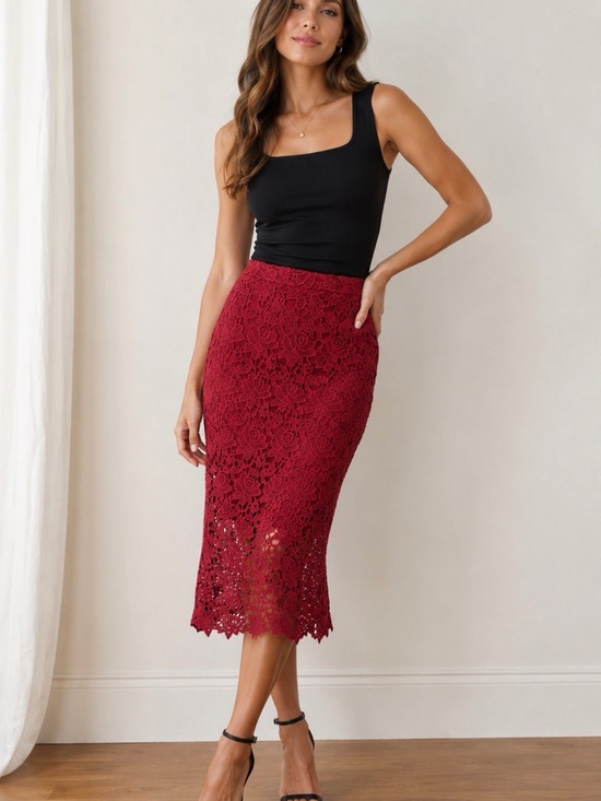 Zara Dresses & Skirts - ZARA Woman Burgundy Guipure Lace Midi Skirt Y2K 2013 Size S